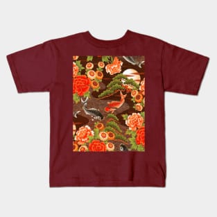 RED BLACK CATFISHES IN MOONLIGHT Kimono Style Antique Japanese Floral Kids T-Shirt